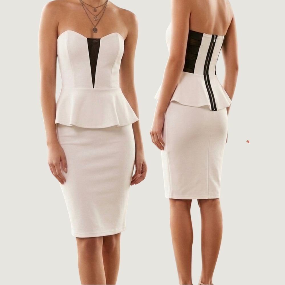 Arden B. White Peplum Strapless Bodycon Dress with Black Mesh Accent